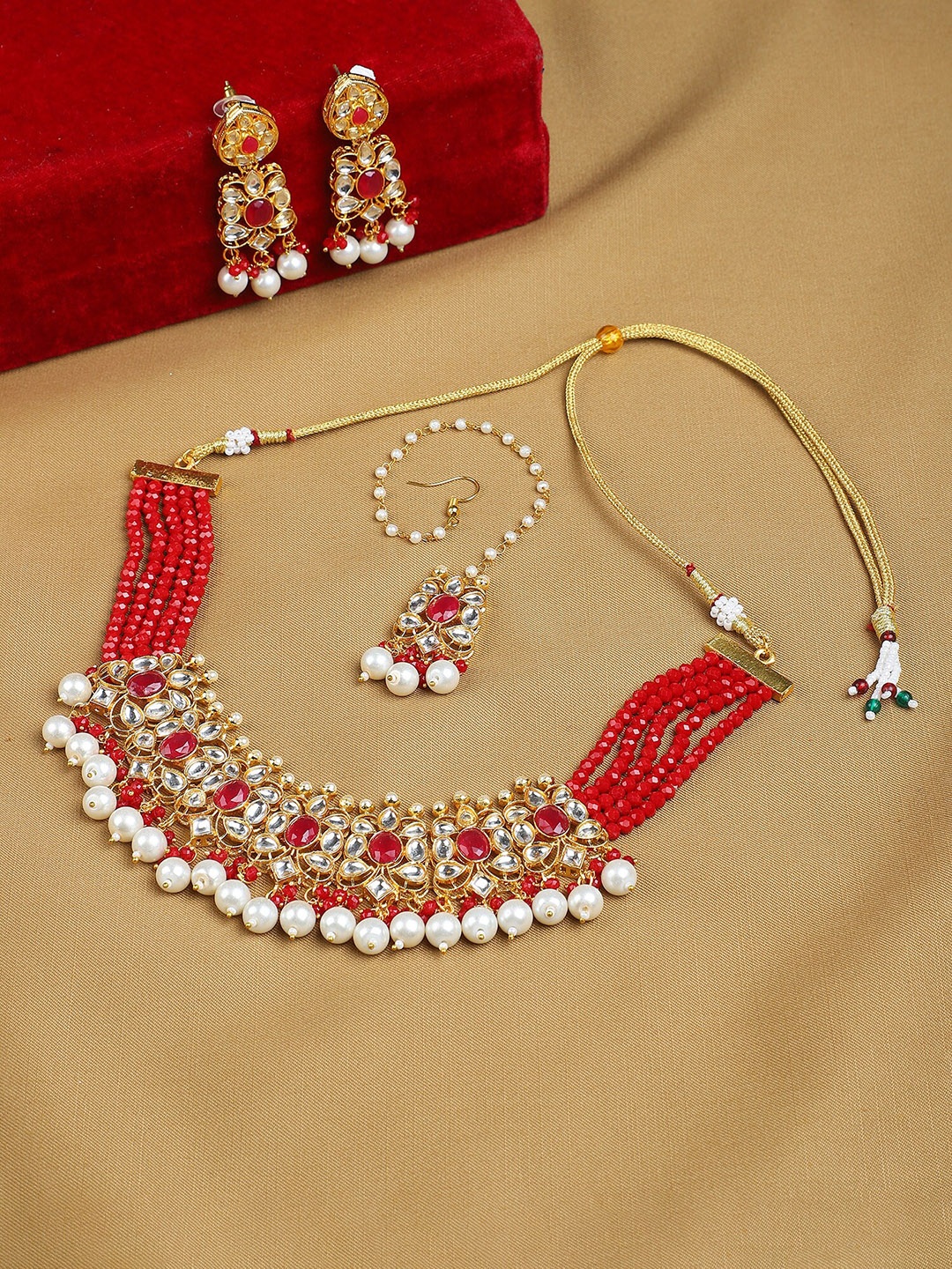 

Yellow Chimes Red & Gold-Toned & Plated Beaded Choker Jewellery Set