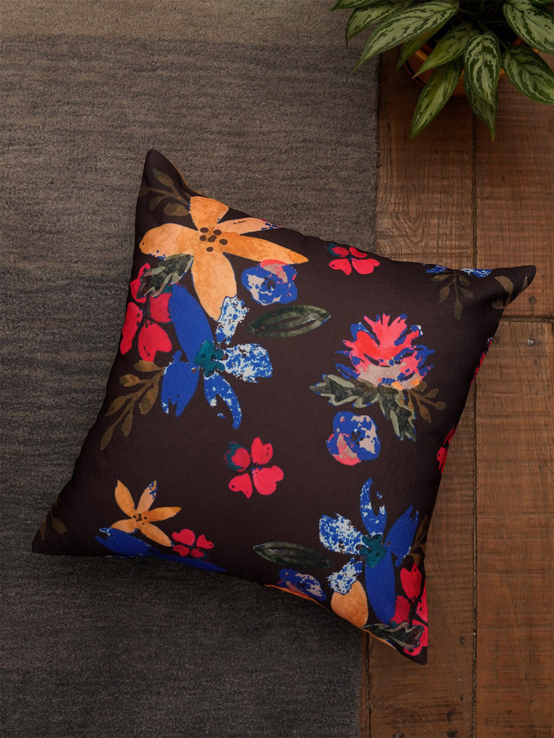 

ZEBA Brown & Blue Floral Square Cushion Cover