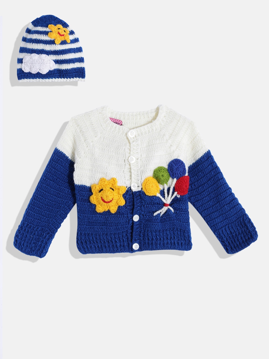 

CHUTPUT Kids Navy Blue & White Colourblocked Cardigan with Applique Detail