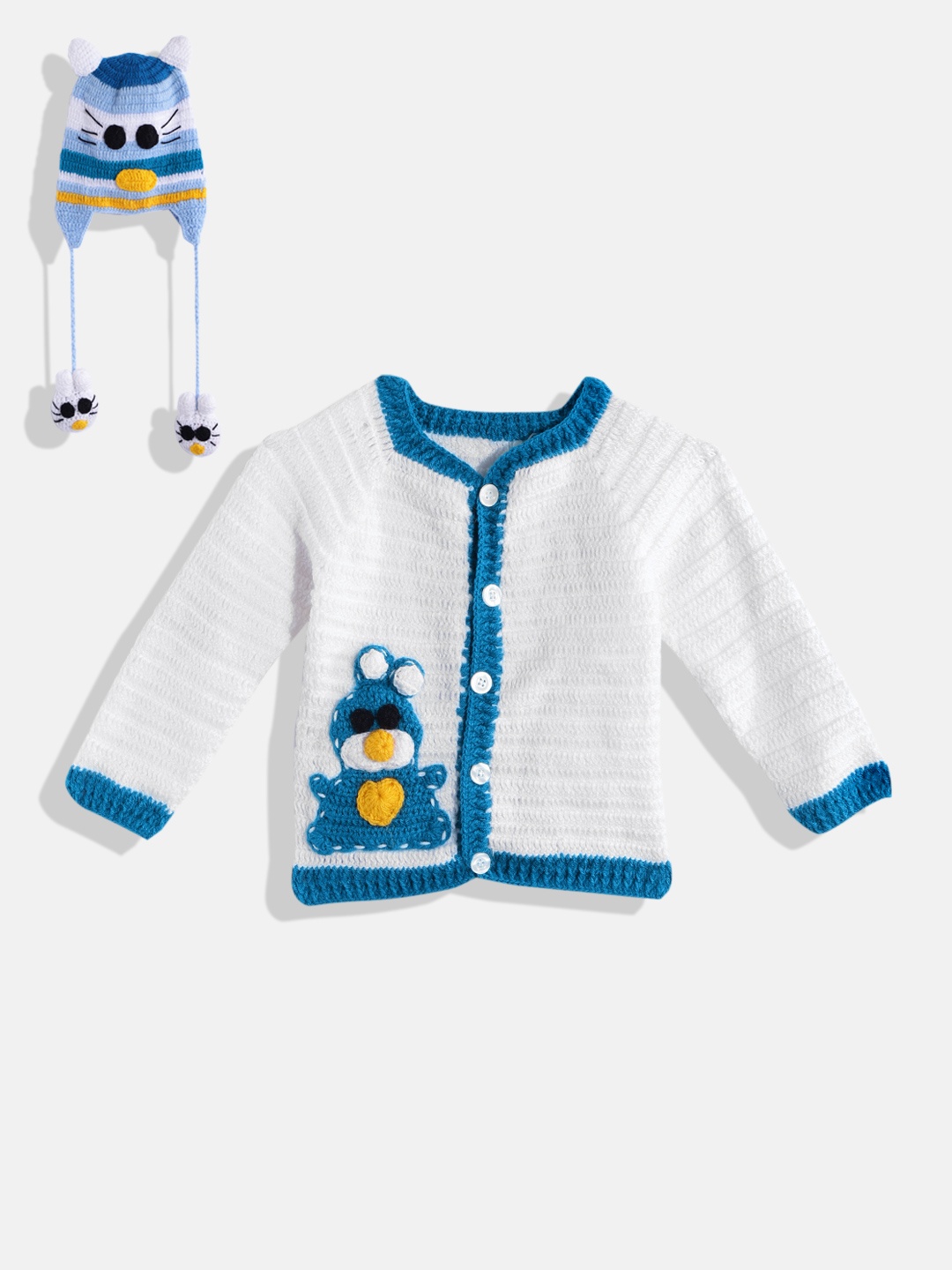 

CHUTPUT Kids White & Blue Solid Cardigan with Applique Detail