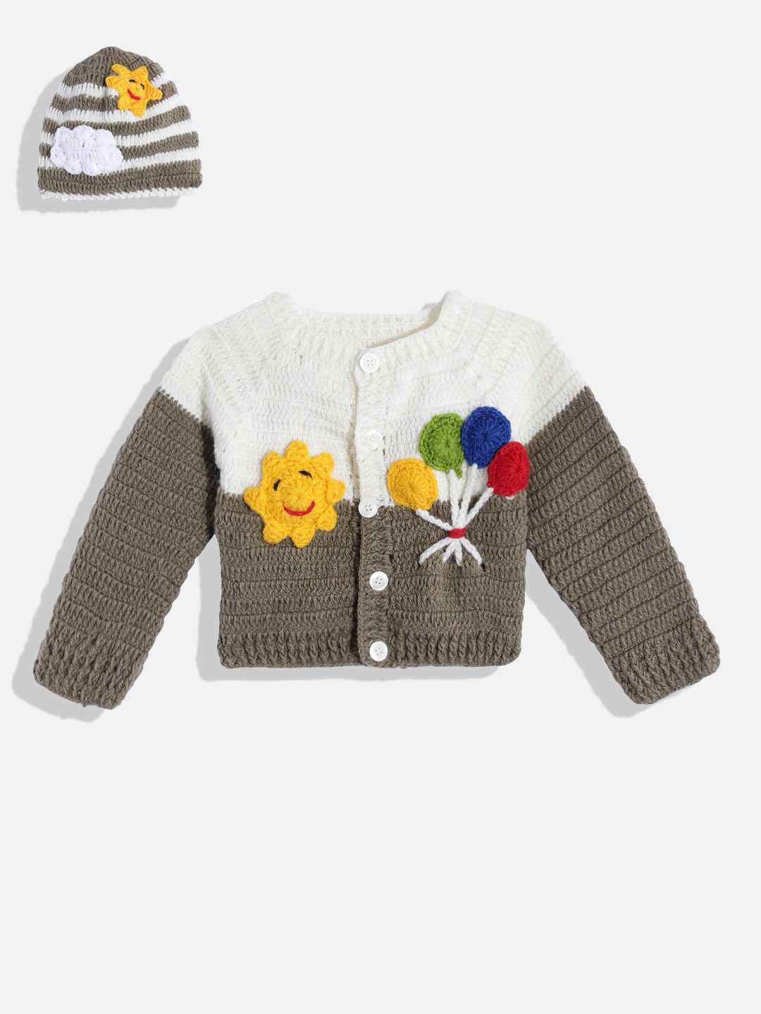 

CHUTPUT Kids Brown & White Colourblocked Cardigan with Applique Detail