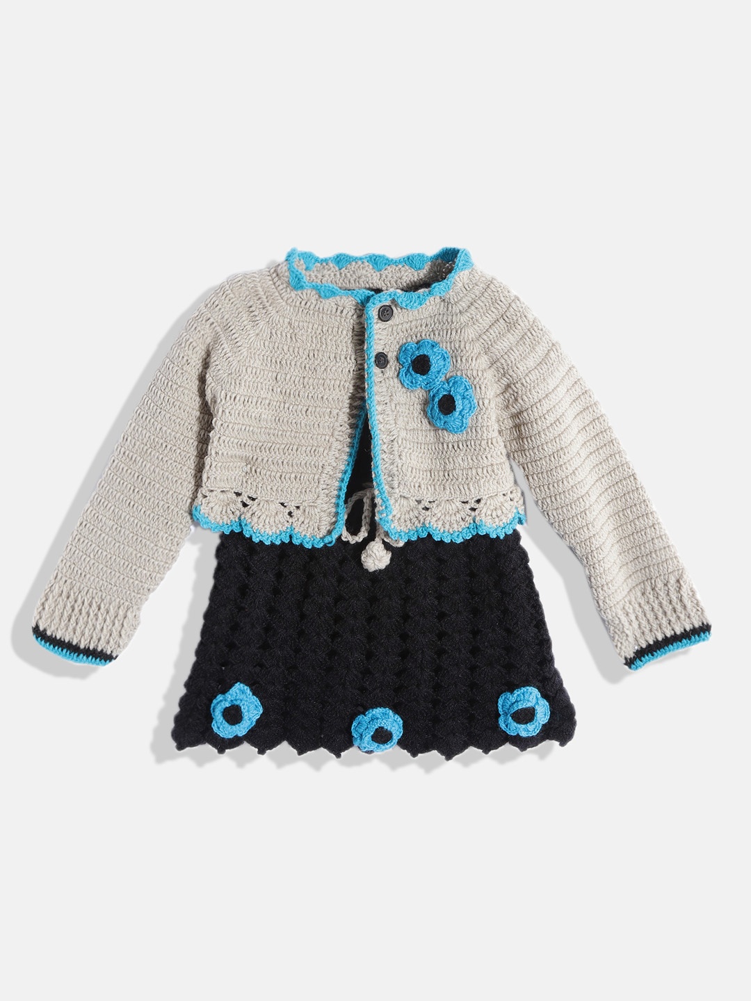 

CHUTPUT Grey & Blue Floral Crochet Jumper Dress