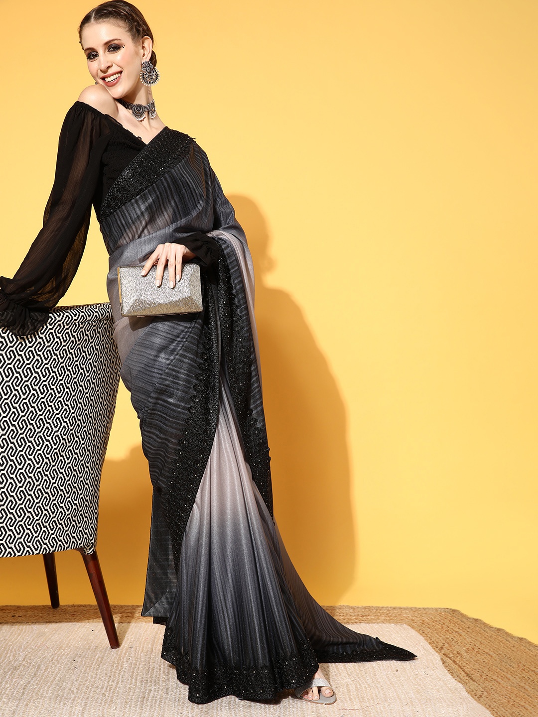 

Chhabra 555 Ombre Saree with Embellished Border, Grey