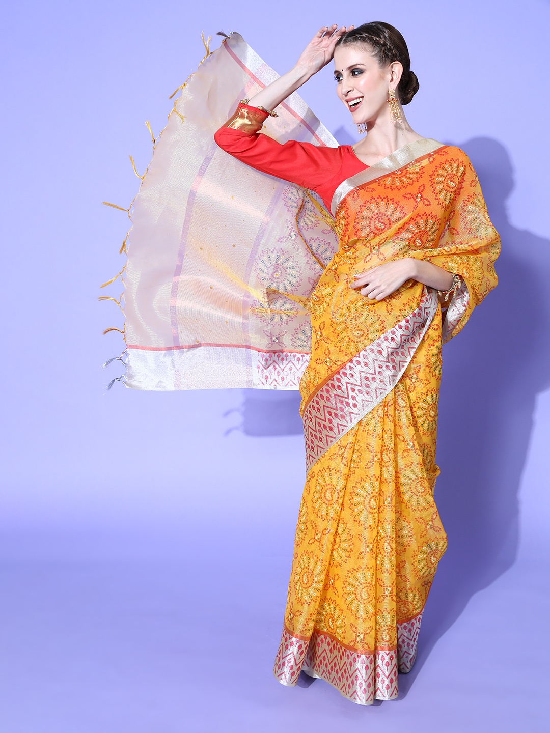 

Chhabra 555 Bandhani Silk Cotton Saree with Zari Border, Mustard