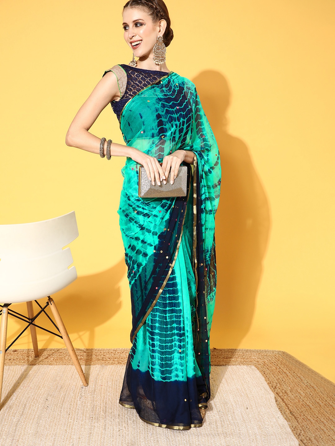 

Chhabra 555 Tie and Dye Saree with Zari Border, Green