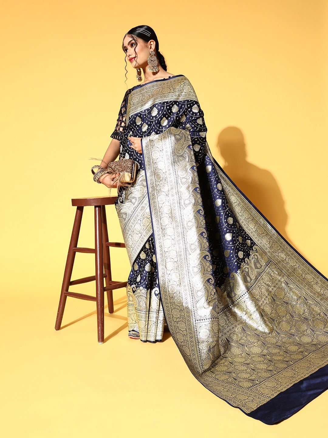 

Chhabra 555 Navy Blue & Golden Ethnic Motifs Zari Silk Blend Heavy Work Kanjeevaram Saree