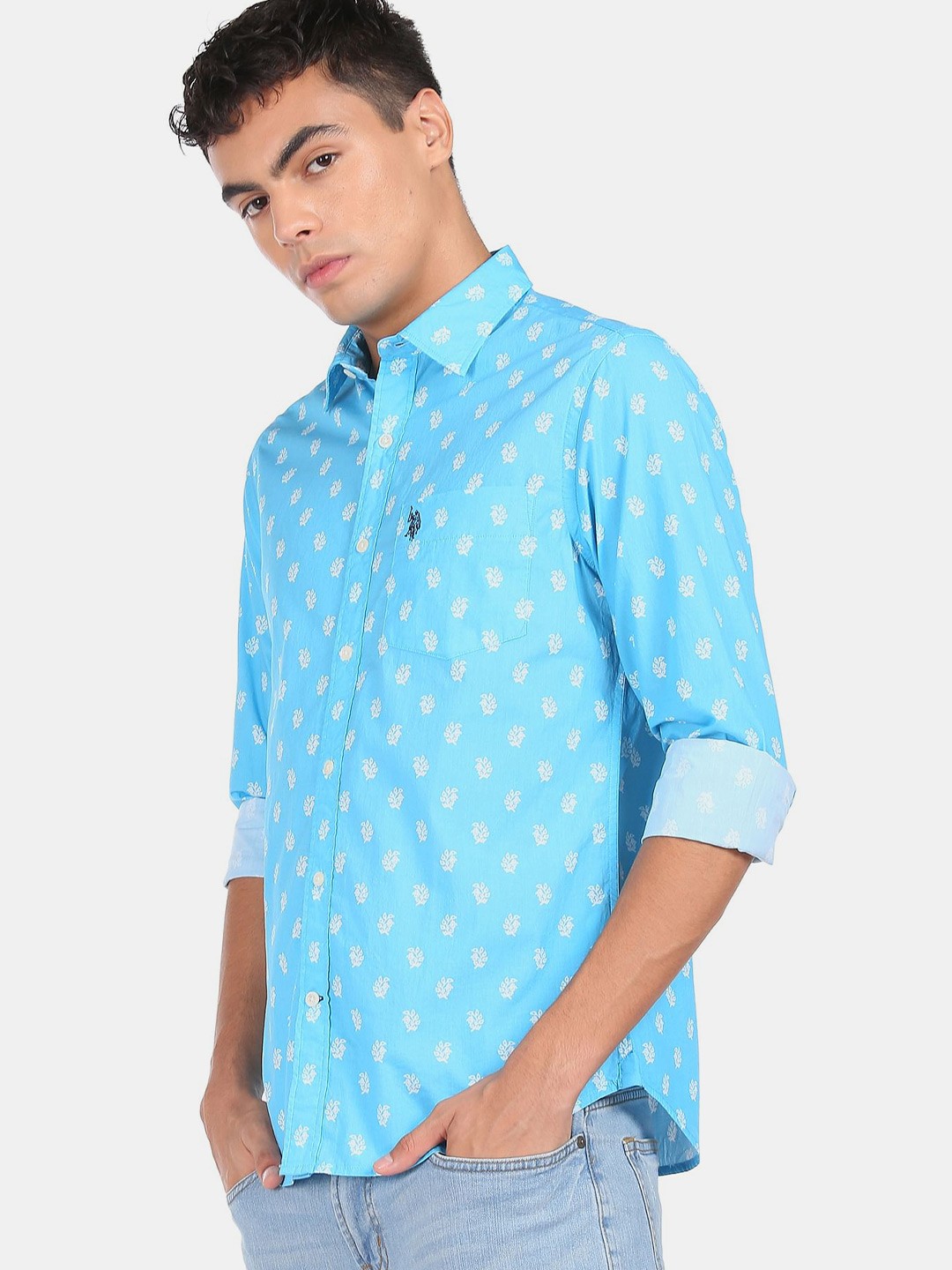 

U S Polo Assn Men Blue Printed Casual Shirt