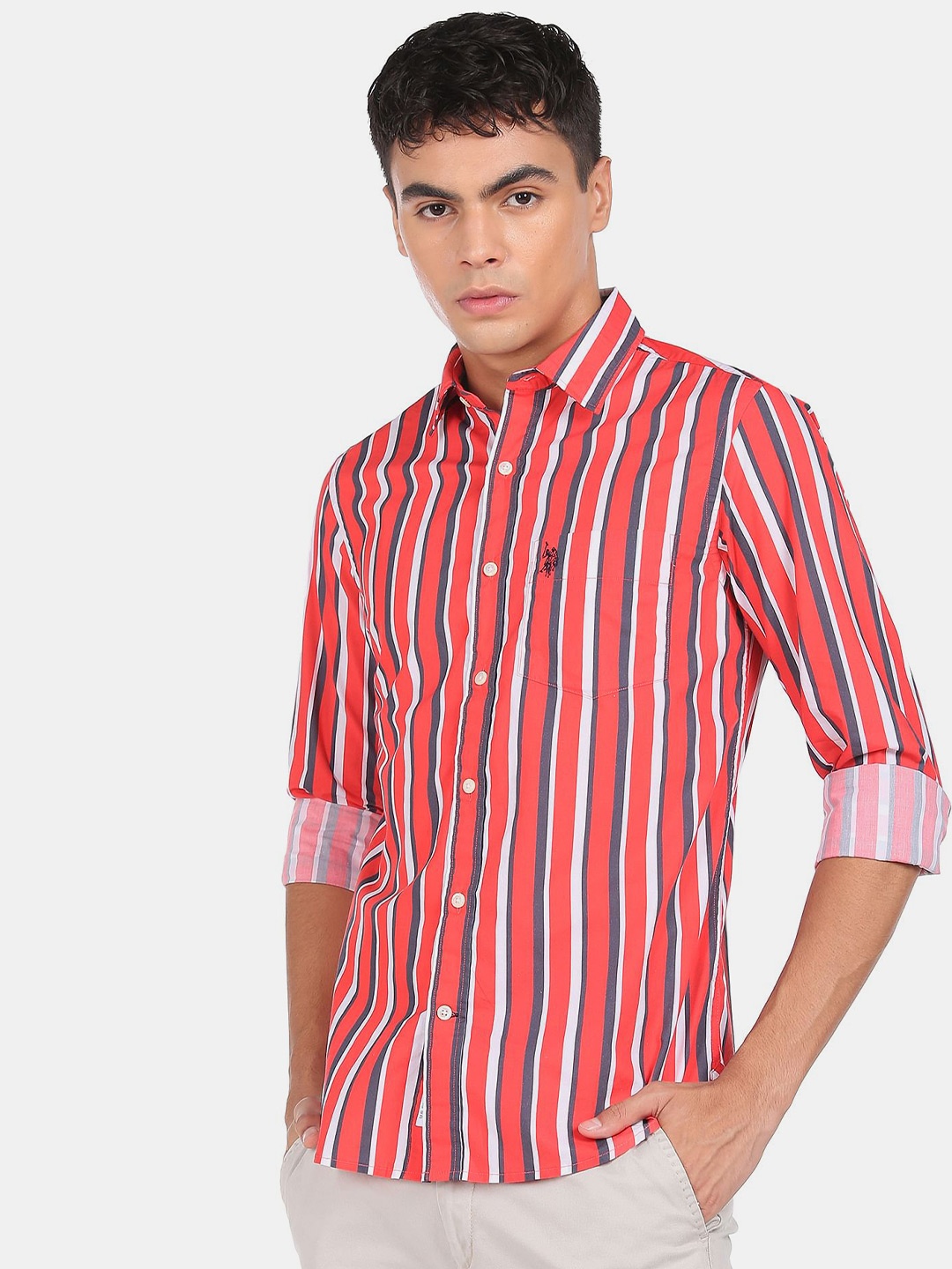 

U S Polo Assn Men Cotton Red Striped Casual Shirt