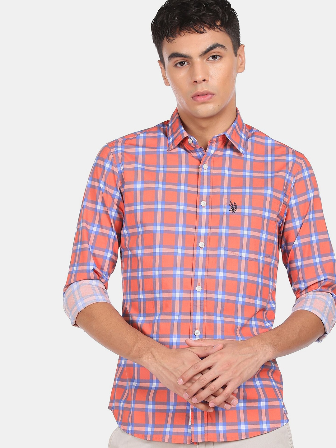 

U S Polo Assn Men Orange Tartan Checks Checked Casual Shirt