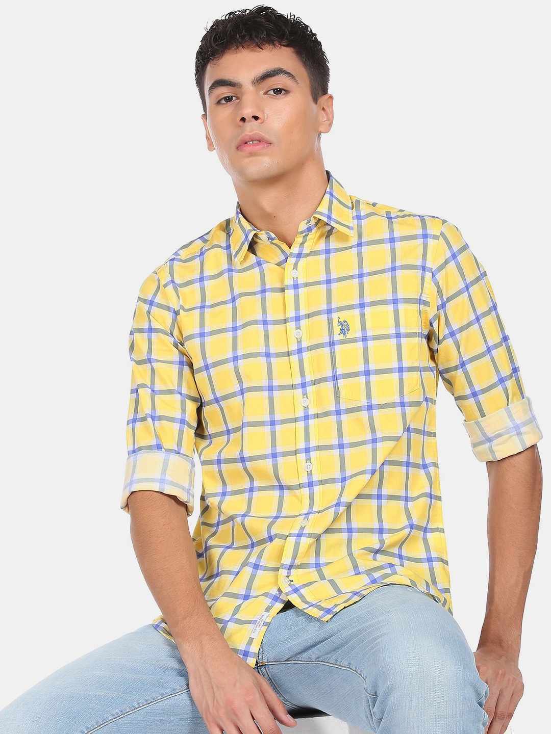 

U S Polo Assn Men Yellow Checked Casual Shirt