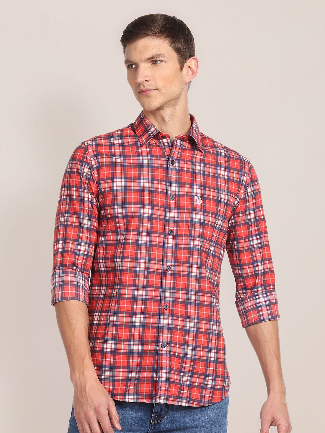 

U S Polo Assn Men Red Tartan Checks Casual Shirt