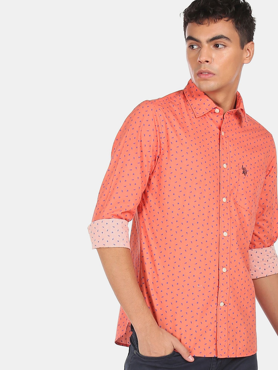 U S Polo Assn Men Coral Cotton Printed Casual Shirt, Orange