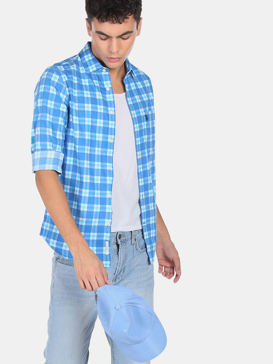 

U S Polo Assn Men Blue Tartan Checks Checked Casual Shirt