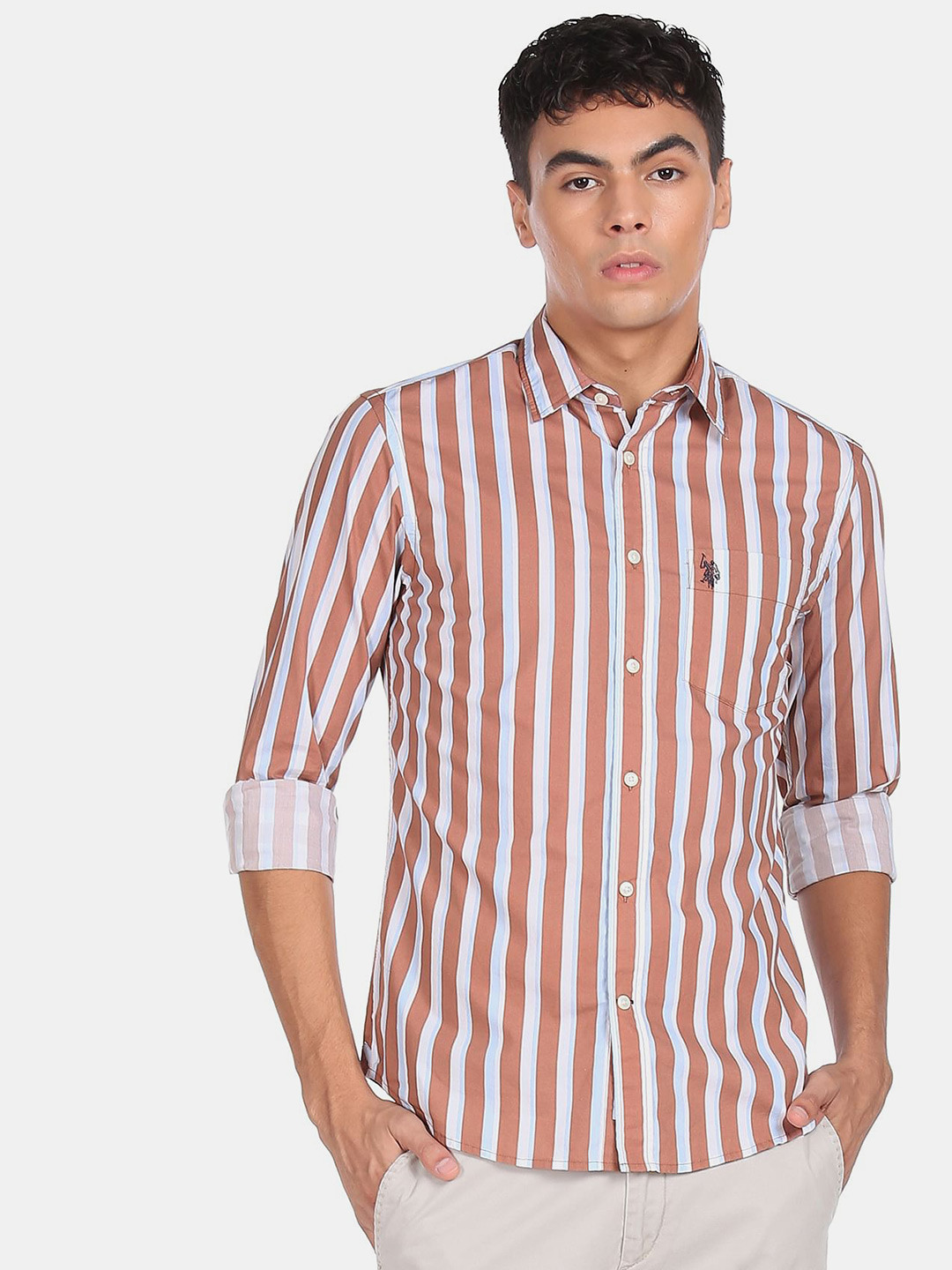

U S Polo Assn Men Brown Striped Casual Shirt
