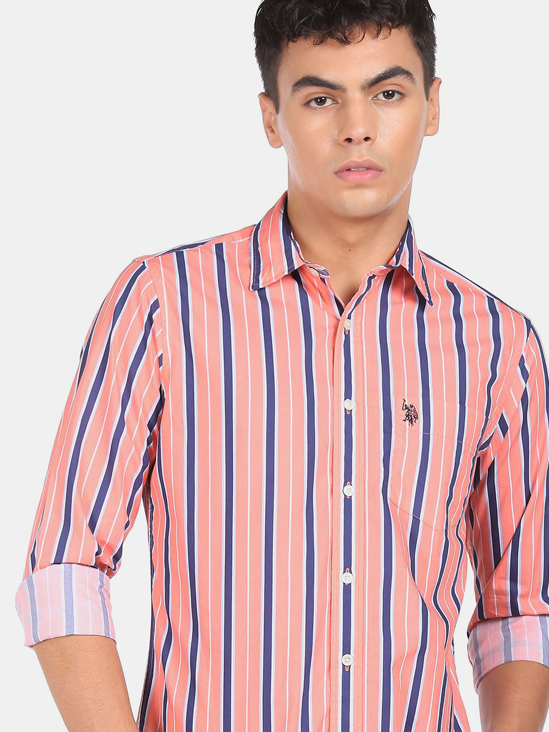 

U S Polo Assn Men Coral Spread Collar Cotton Striped Casual Shirt, Orange