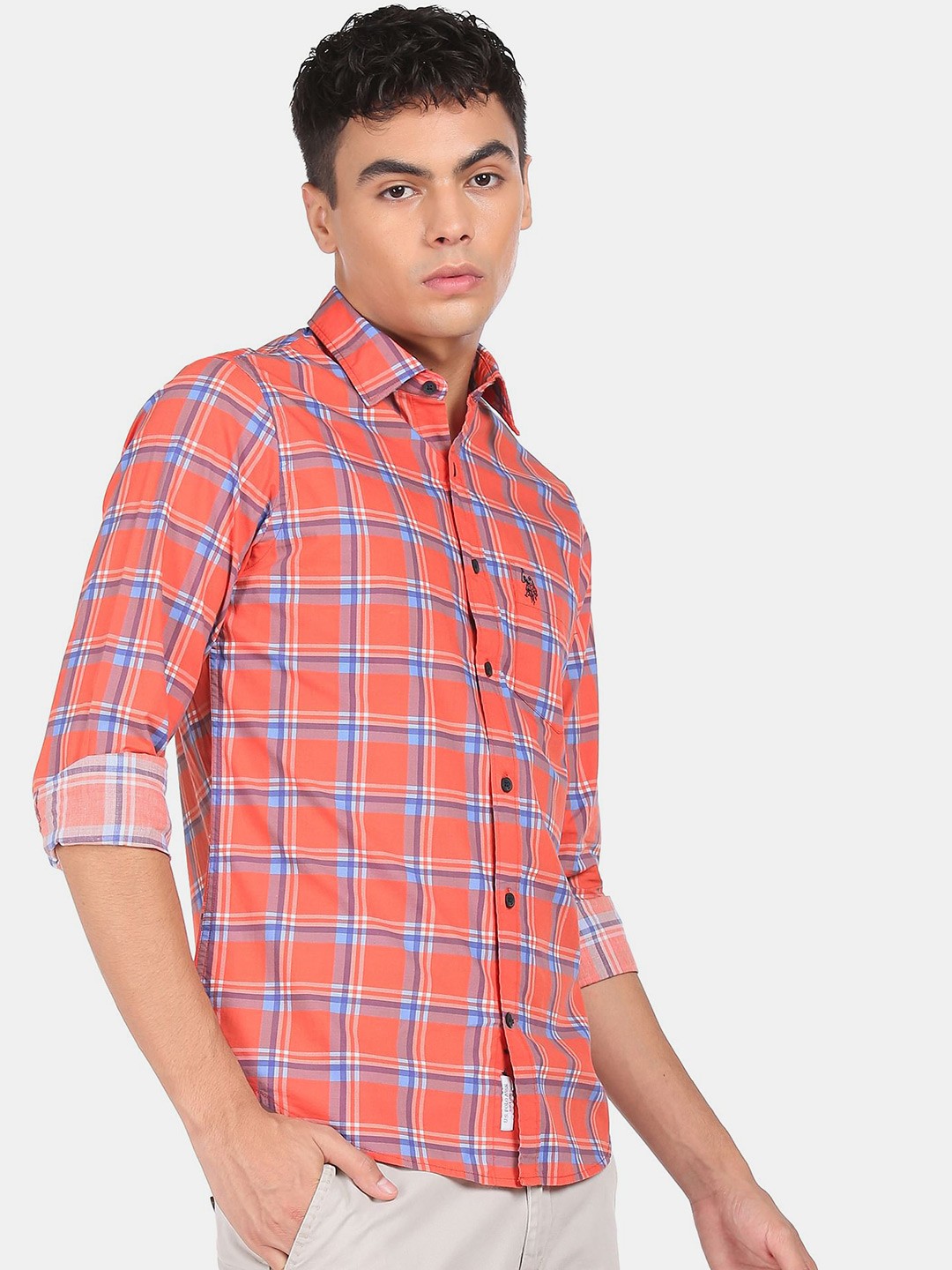 

U S Polo Assn Men Red Tartan Checks Checked Casual Shirt