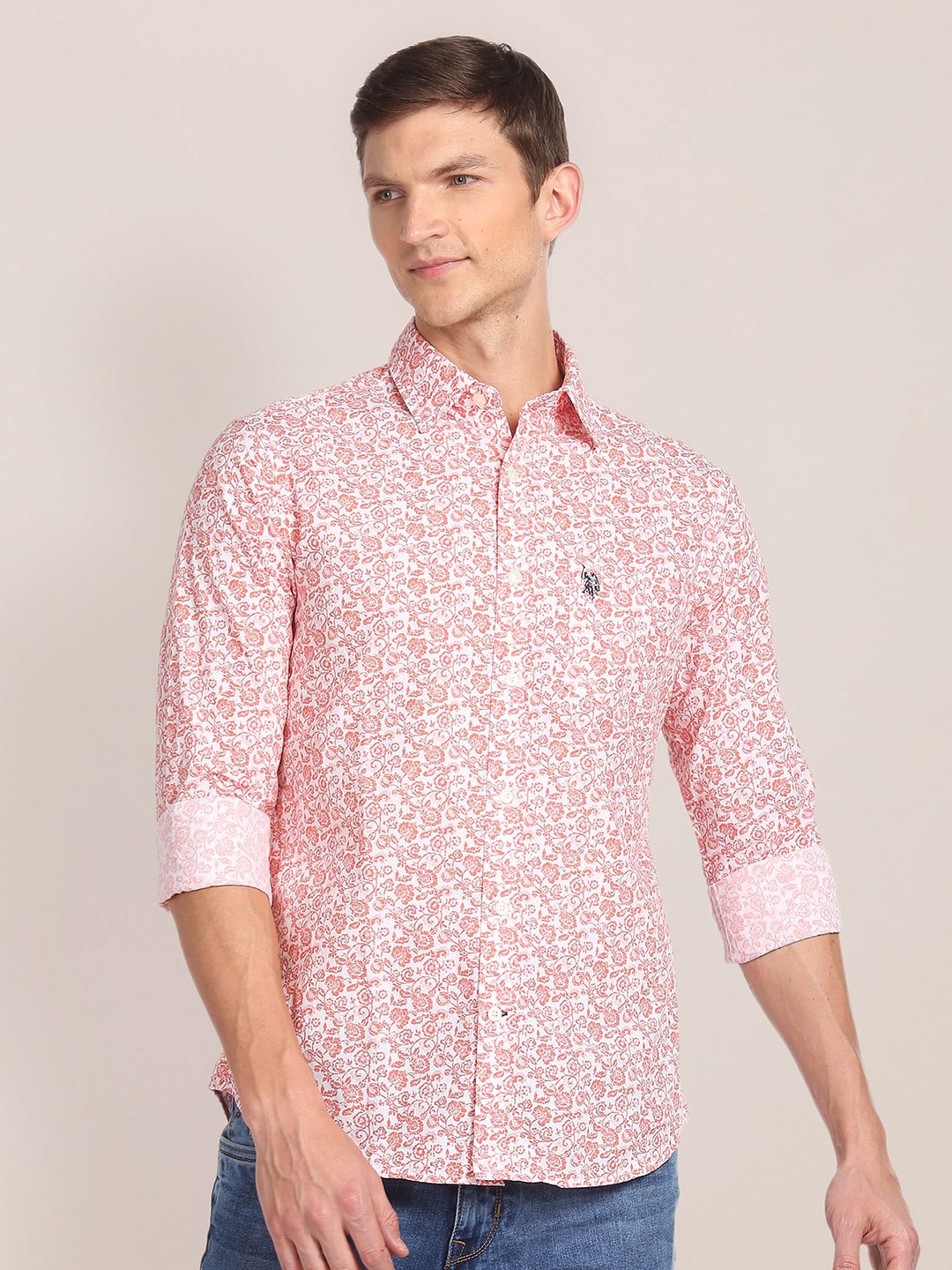 

U S Polo Assn Men White & Orange Floral Printed Casual Shirt