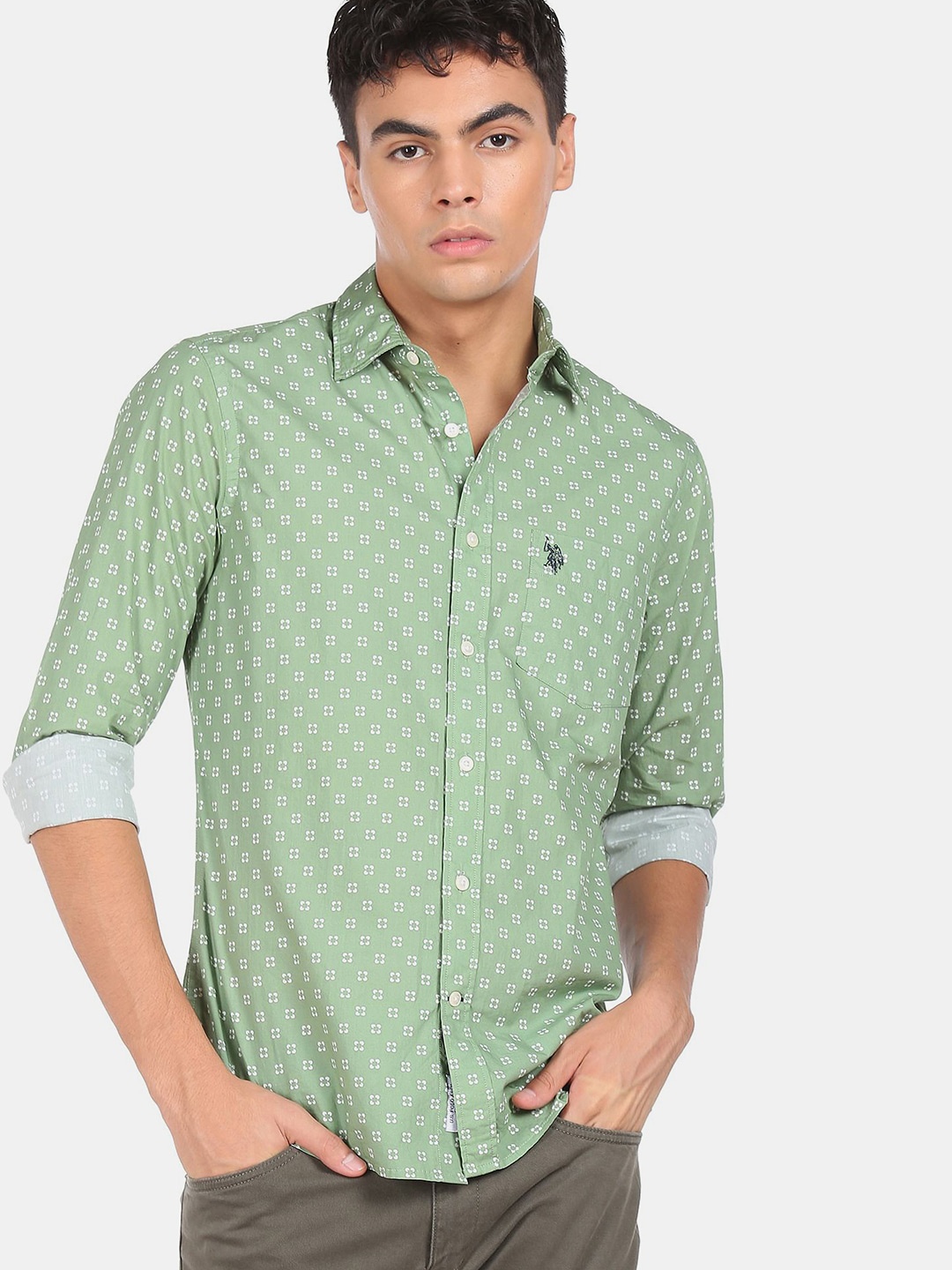 

U S Polo Assn Men Green Printed Casual Shirt