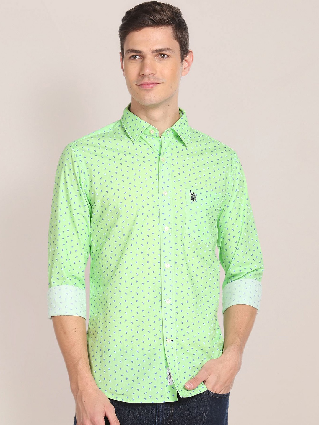 

U S Polo Assn Men Green Printed Casual Shirt