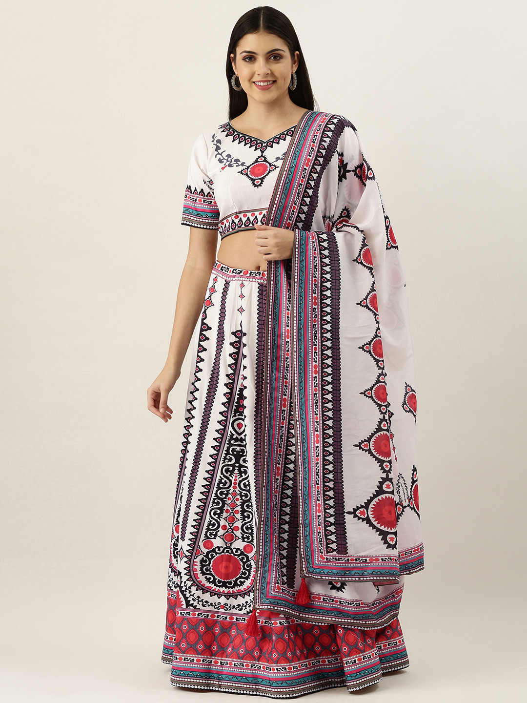 

LOOKNBOOK ART White Printed Semi-Stitched Lehenga & Unstitched Blouse With Dupatta