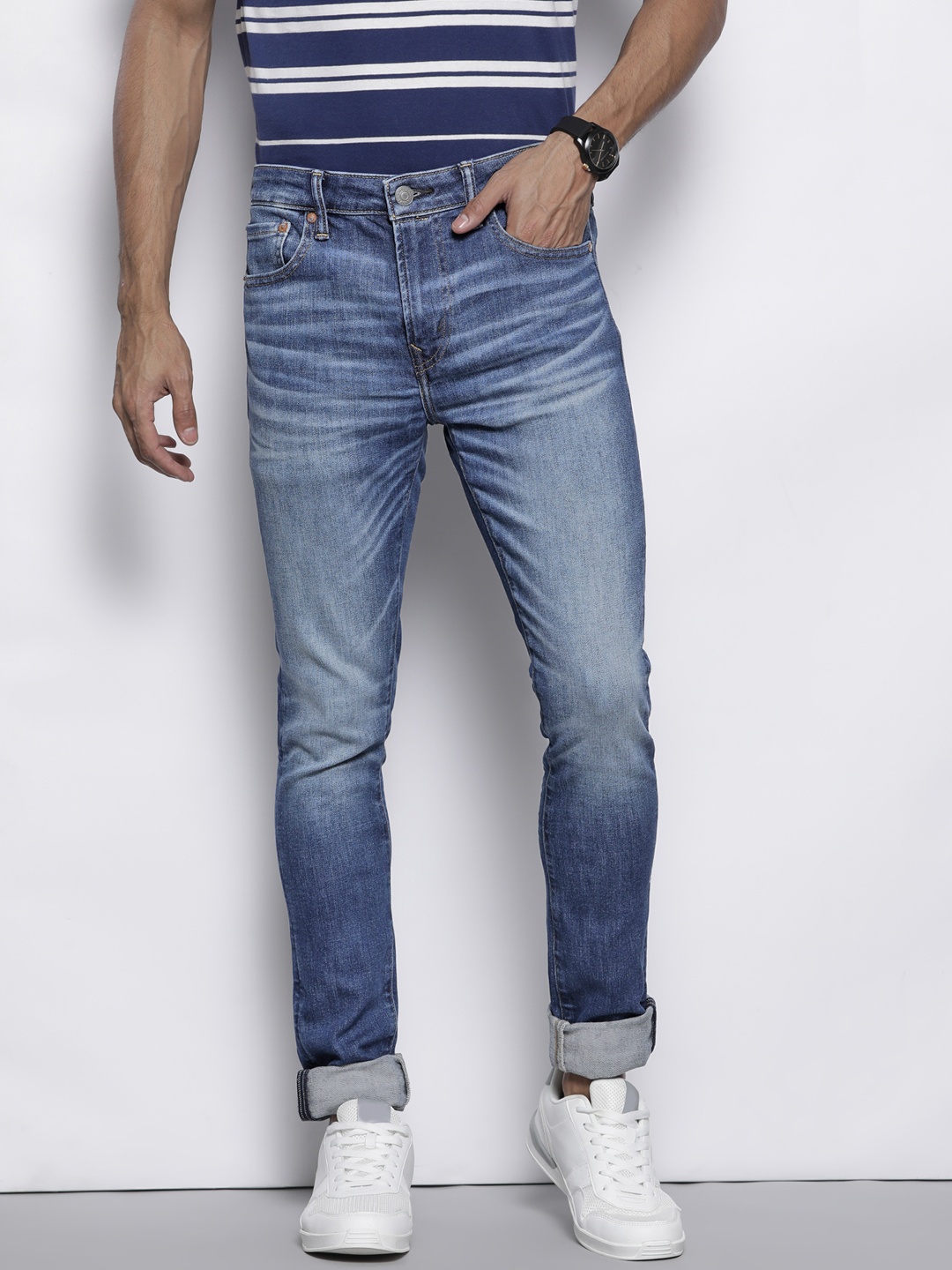 

AMERICAN EAGLE OUTFITTERS Men Blue Super Skinny Fit Heavy Fade Stretchable Jeans