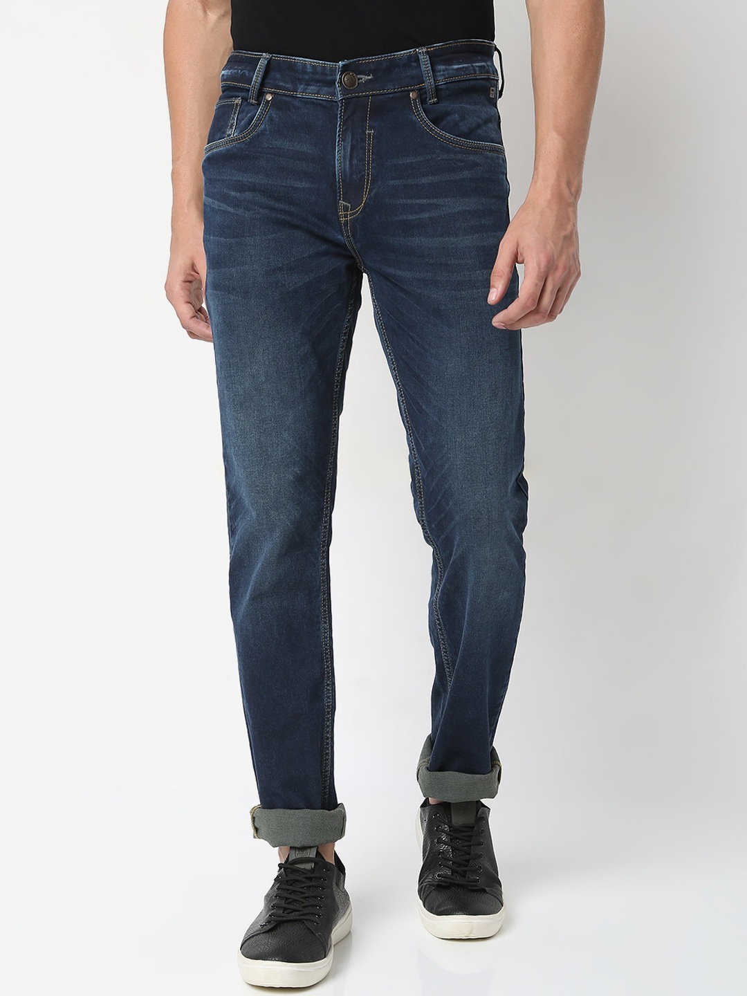 

Mufti Men Tinted Green Low Distress Light Fade Stretchable Jeans, Blue