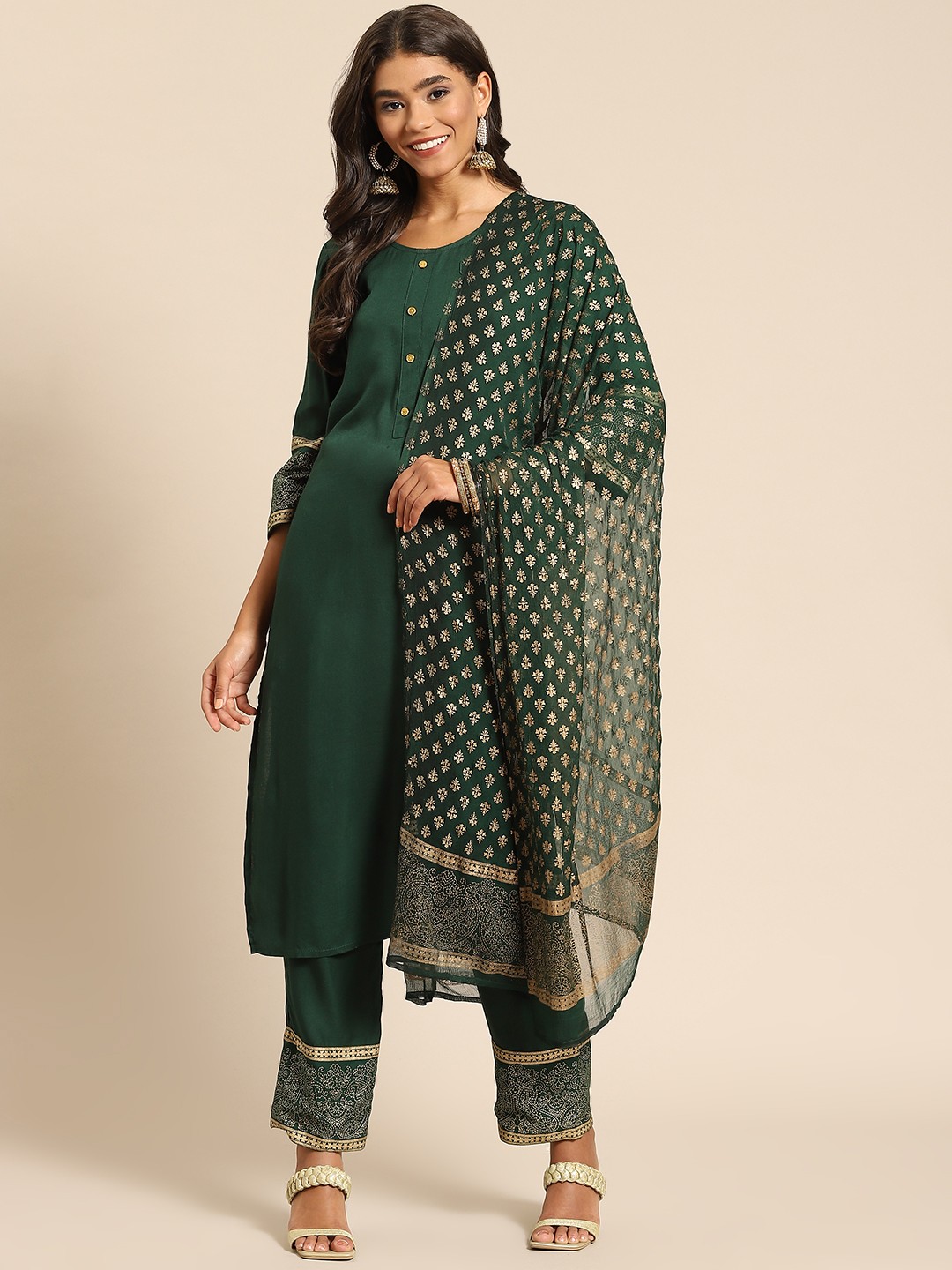 

Prakhya Women Green Kurta with Palazzos & With Dupatta