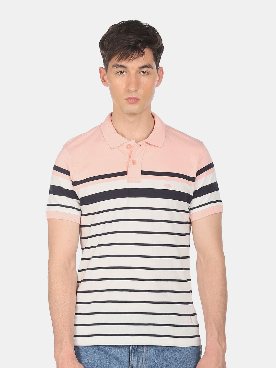 

Aeropostale Men Pink Striped Polo Collar T-shirt