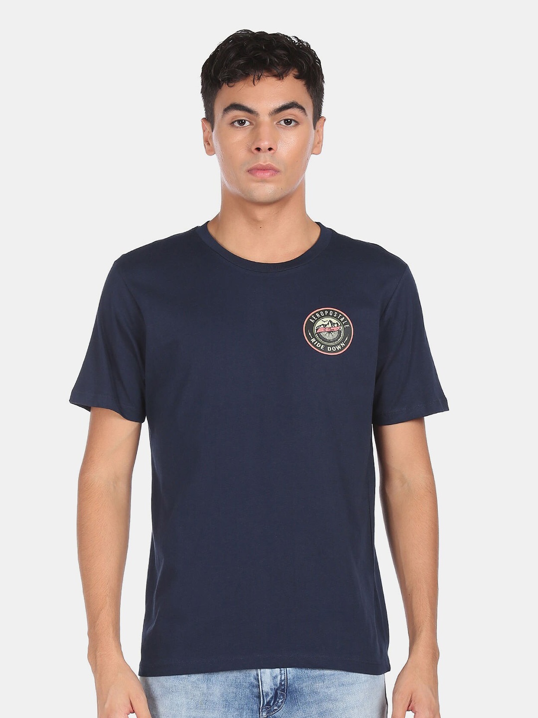 

Aeropostale Men Blue Regular Sleeves Indigo Applique T-shirt