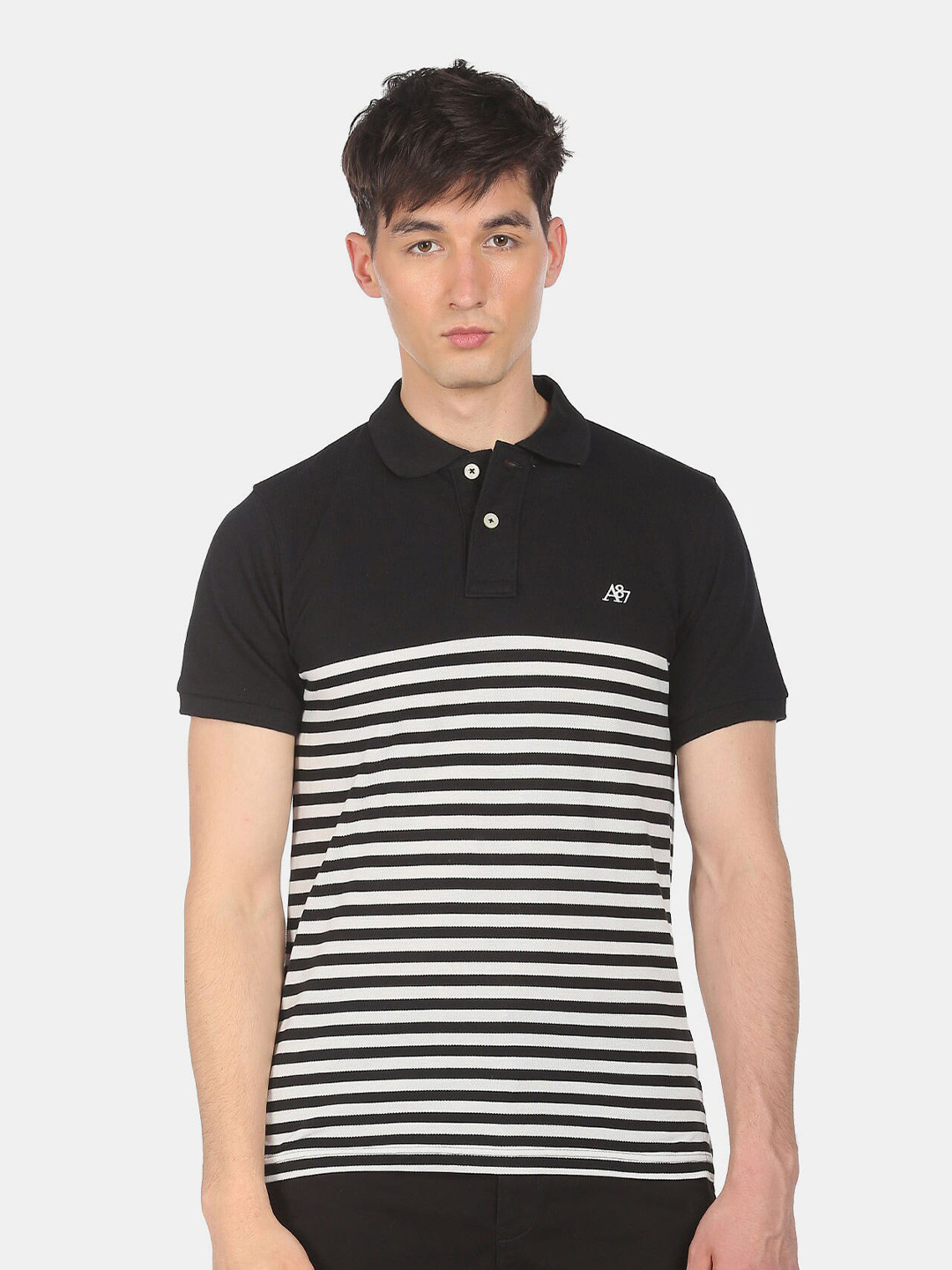 

Aeropostale Men Black Striped Polo Collar T-shirt