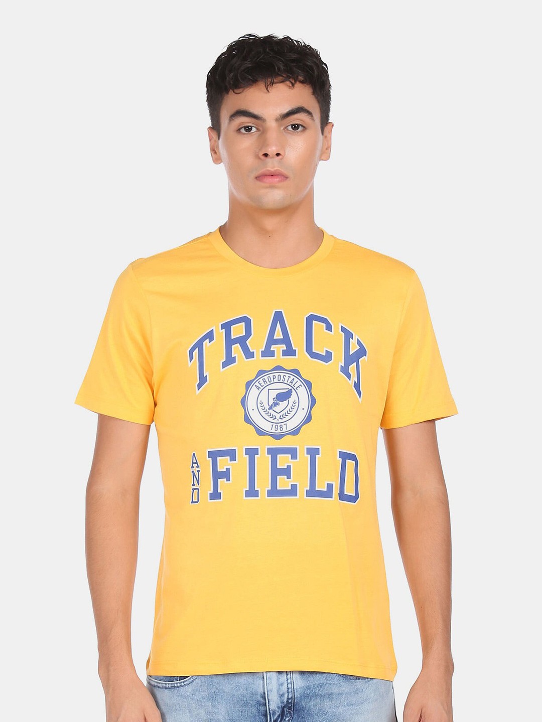 

Aeropostale Men Yellow Typography Printed Round Neck Applique T-shirt