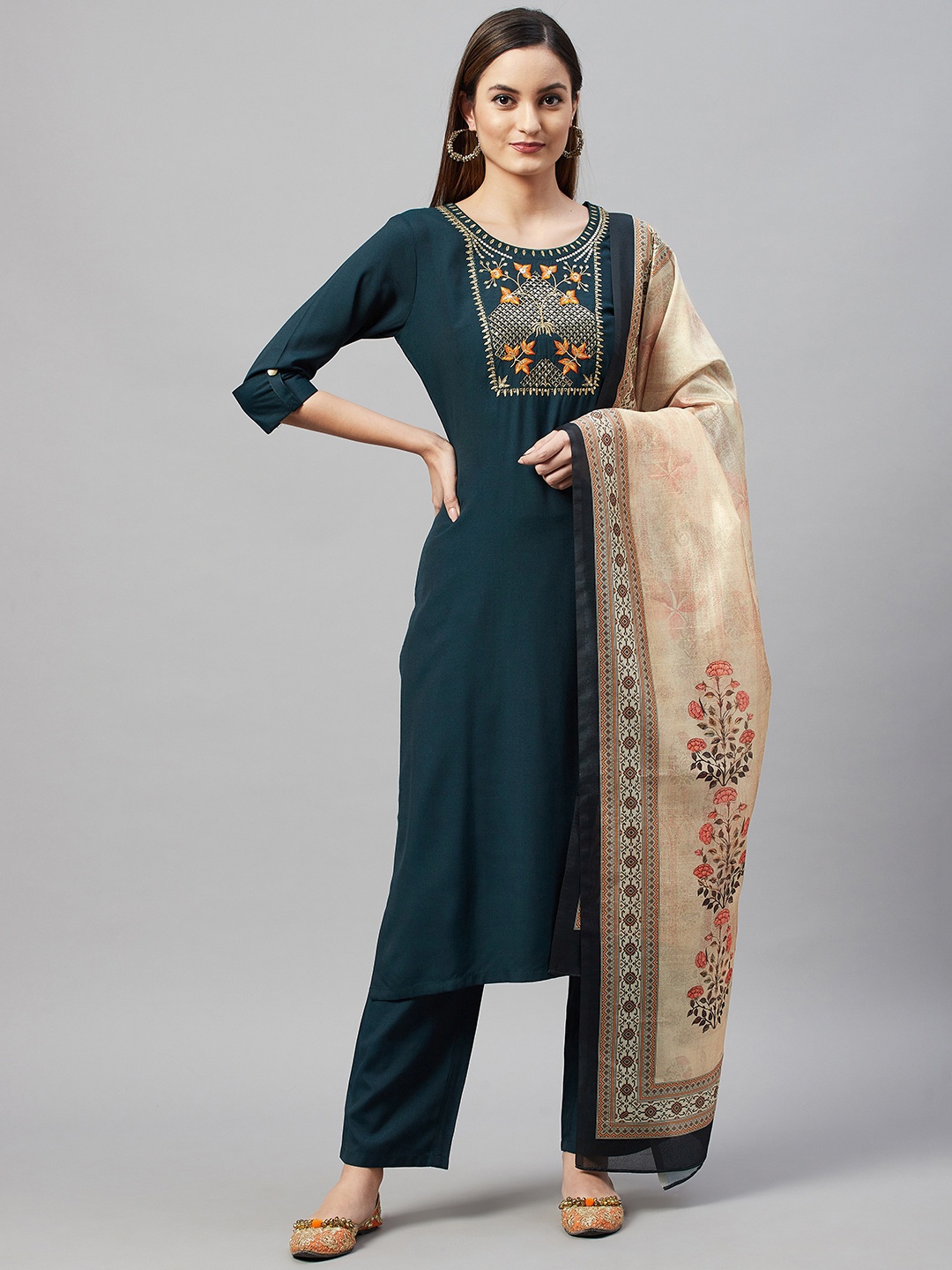 

V TRADITION Women Green & Mustard Yellow Floral Embroidered Kurta with Trousers & Dupatta