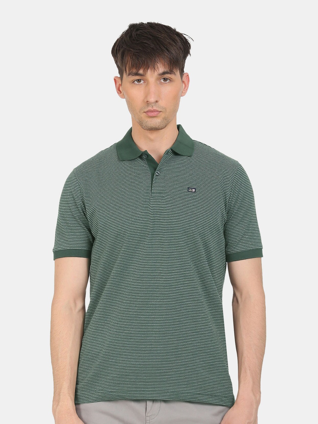 

Arrow Sport Men Green Striped Polo Collar T-shirt