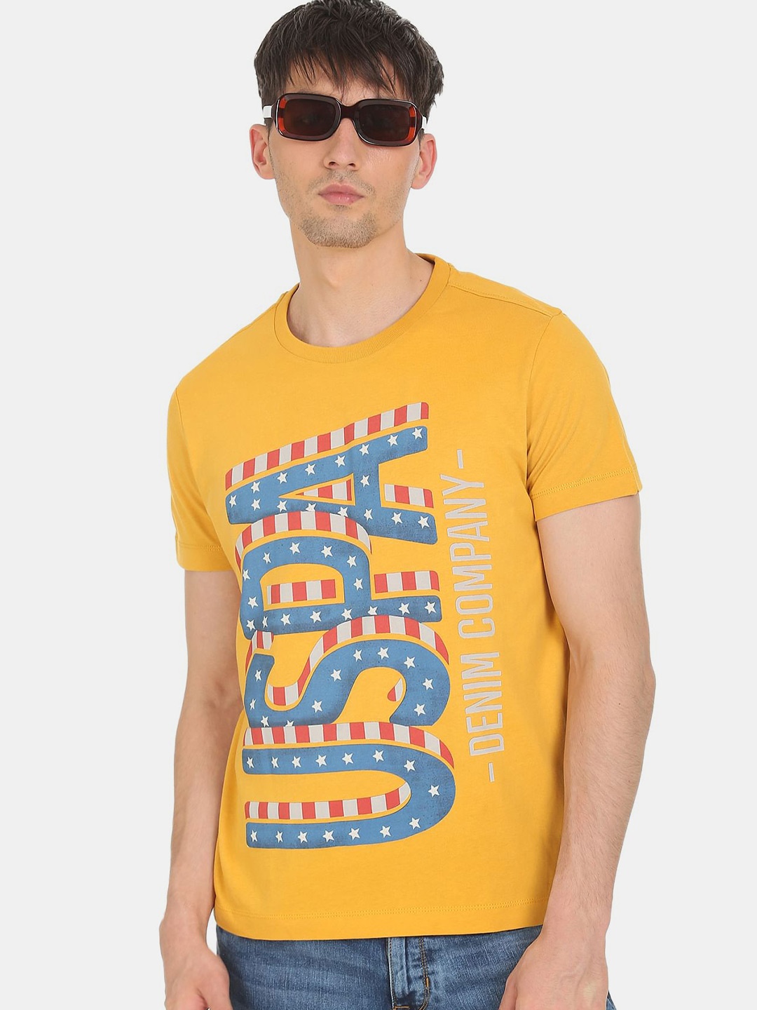 

U S Polo Assn Denim Co Men Mustard Yellow Typography Printed Cotton T-shirt