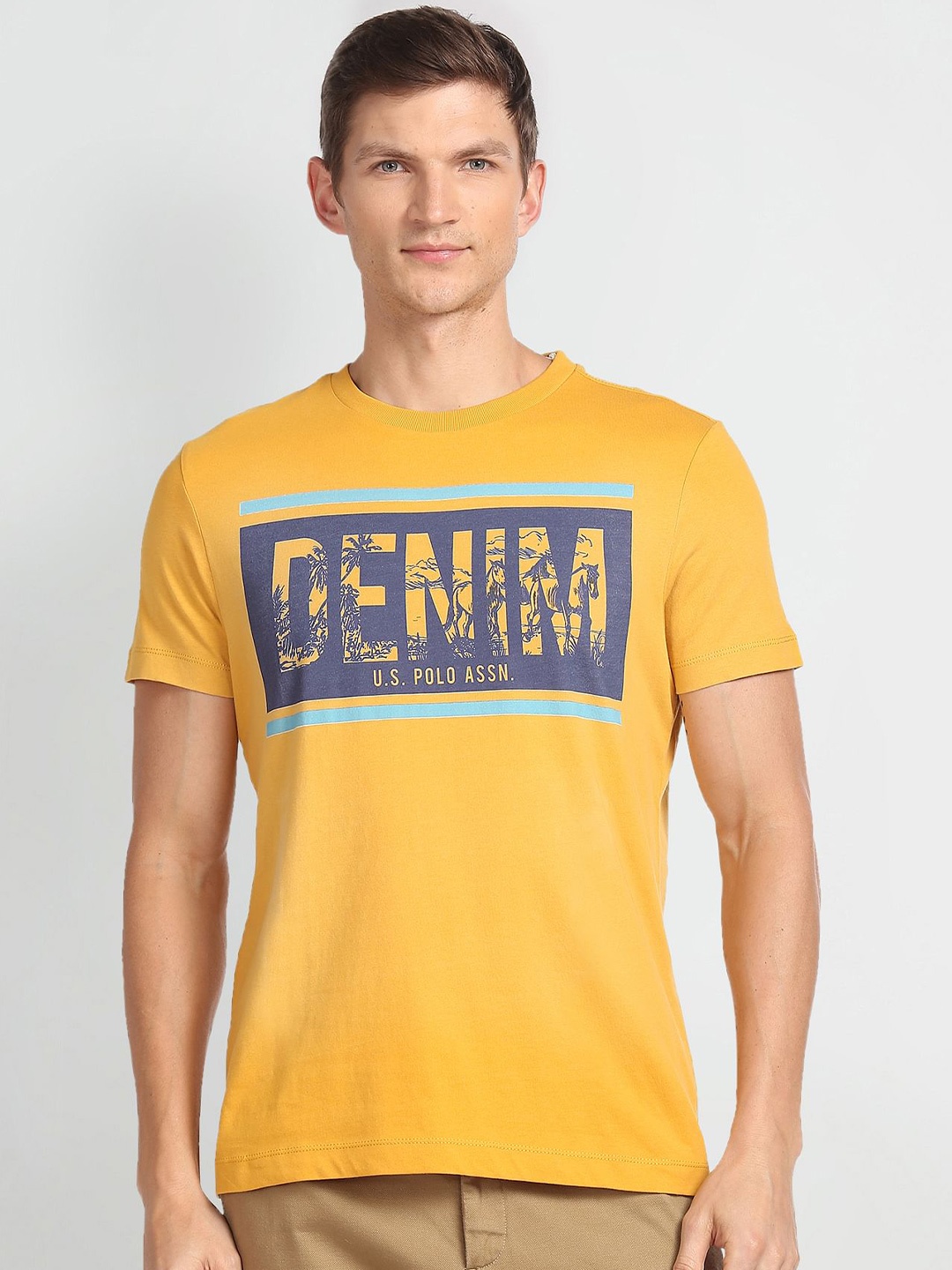 

U S Polo Assn Denim Co Men Yellow Typography Printed Pure Cotton T-shirt