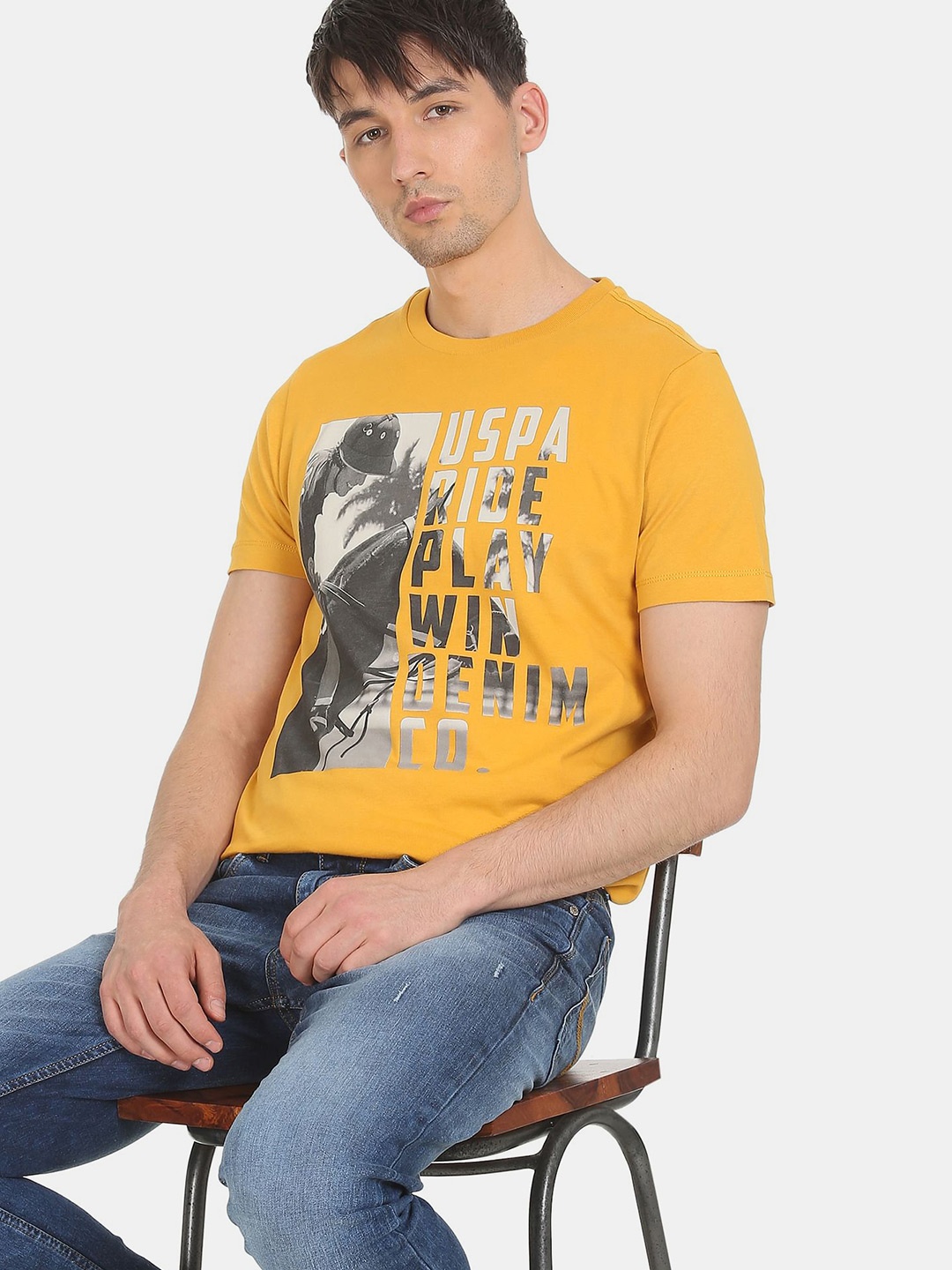 

U.S. Polo Assn. Denim Co. Men Yellow Typography Printed T-shirt