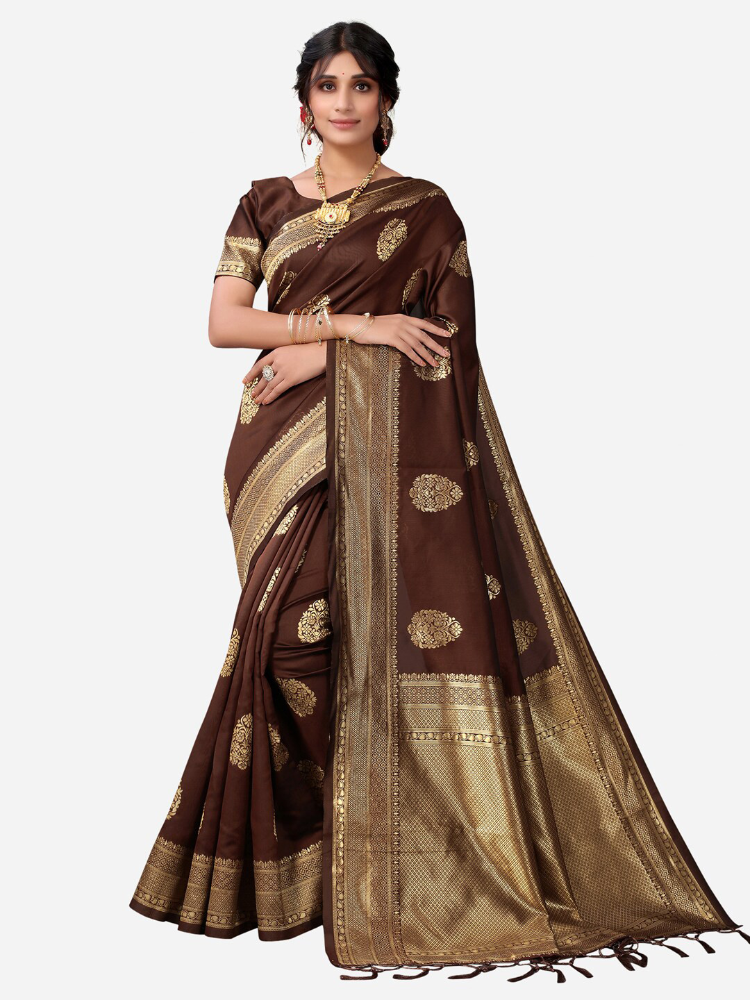 

Satrani Brown & Golden Woven Design Zari Banarasi Saree