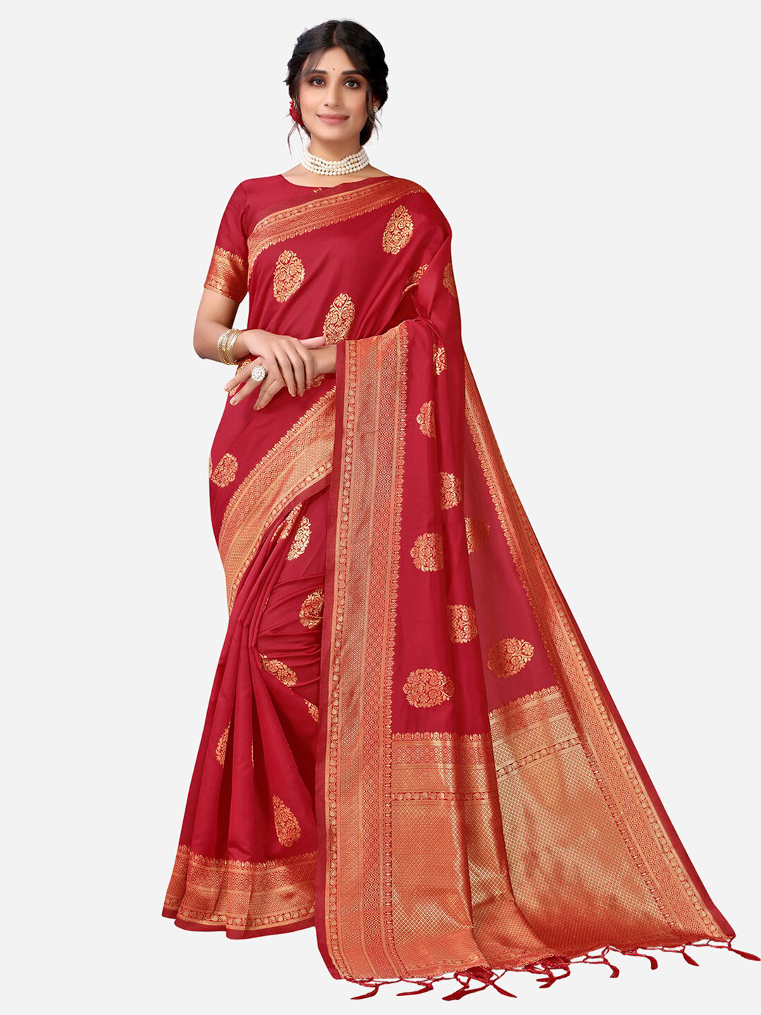 

Satrani Red & Gold-Toned Woven Design Banarasi Saree