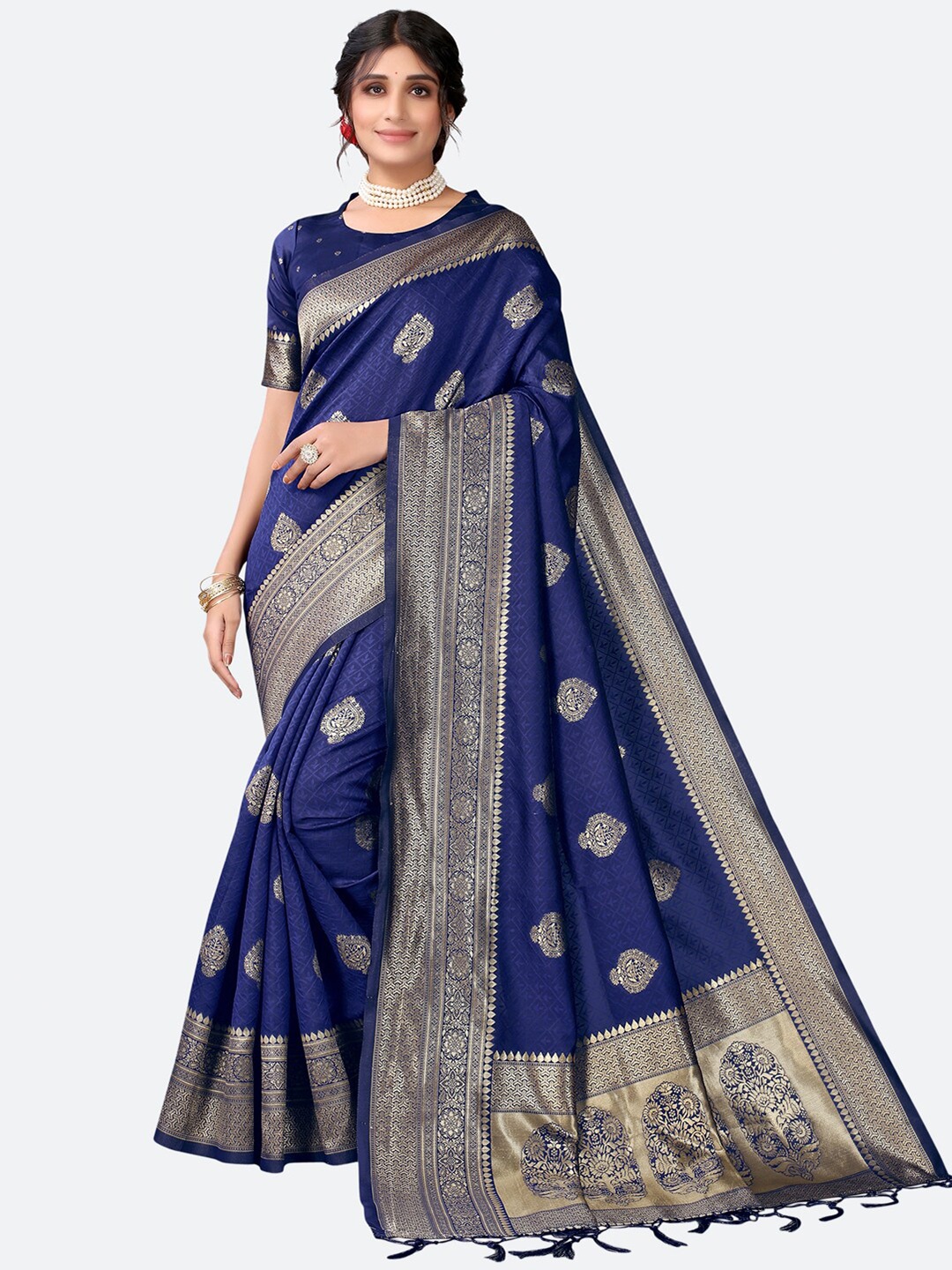 

Satrani Navy Blue & Golden Woven Design Zari Banarasi Saree
