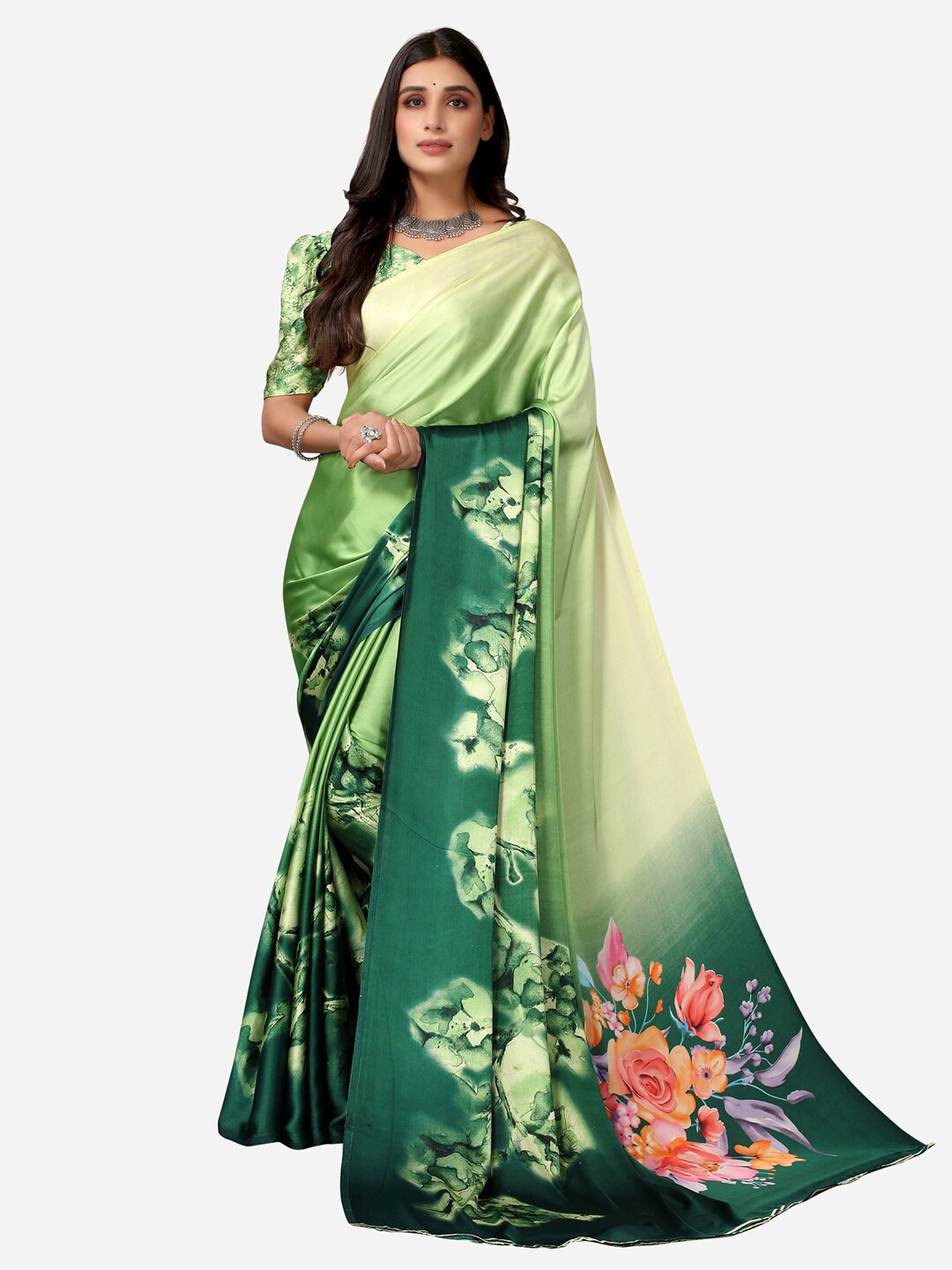 

Satrani Green Ombre Floral Print Satin Saree