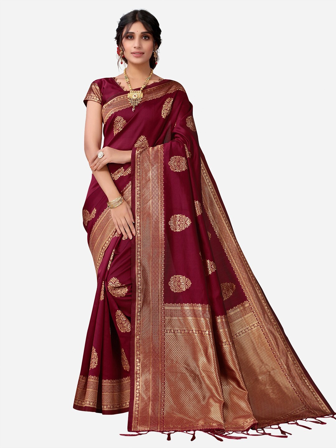 

Satrani Maroon & Gold-Toned Woven Design Banarasi Saree