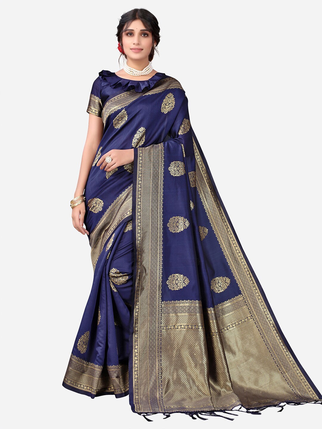 

Satrani Navy Blue & Gold-Toned Woven Design Zari Banarasi Saree