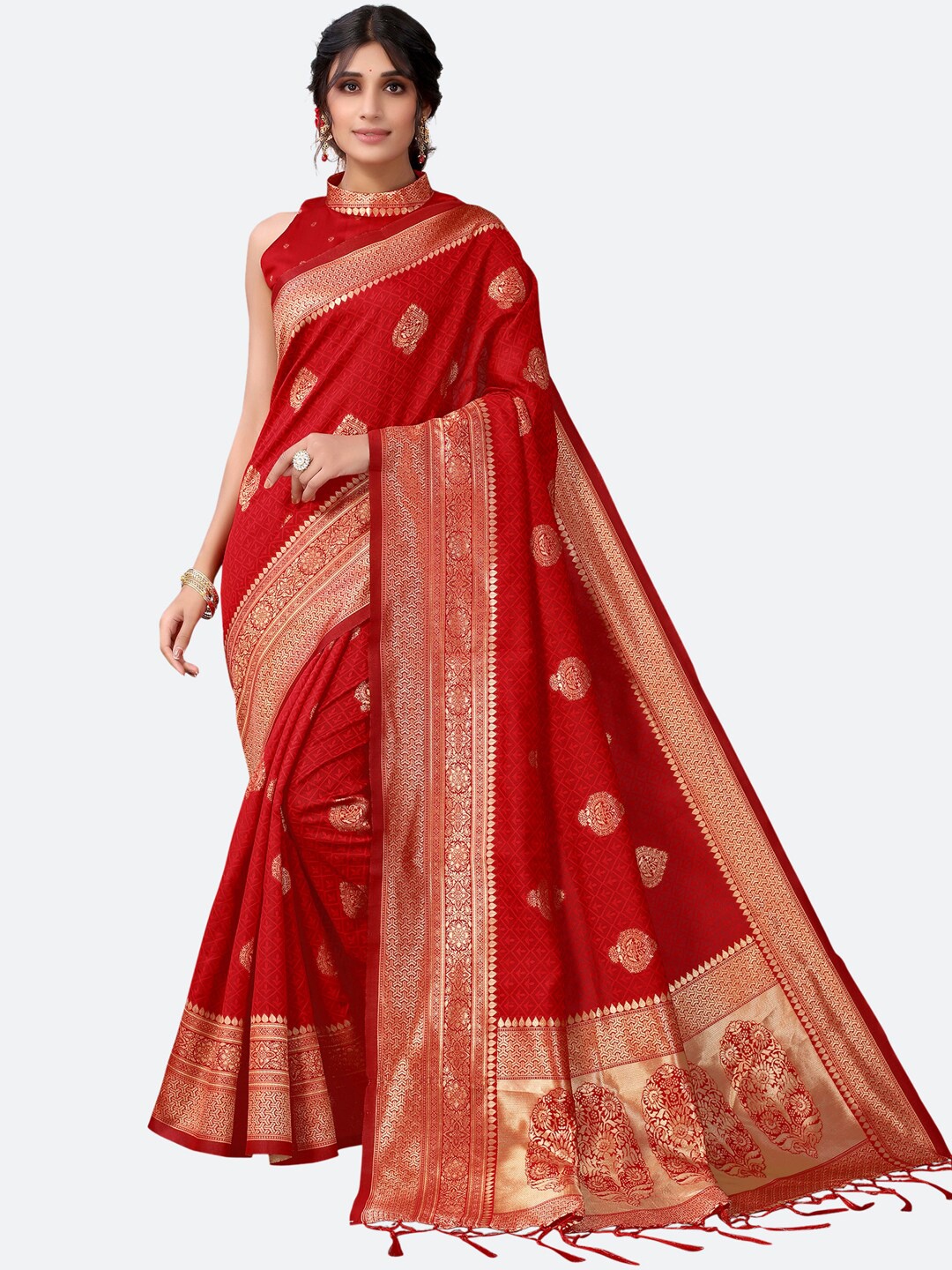 

Satrani Red & Gold-Toned Ethnic Motifs Banarasi Saree