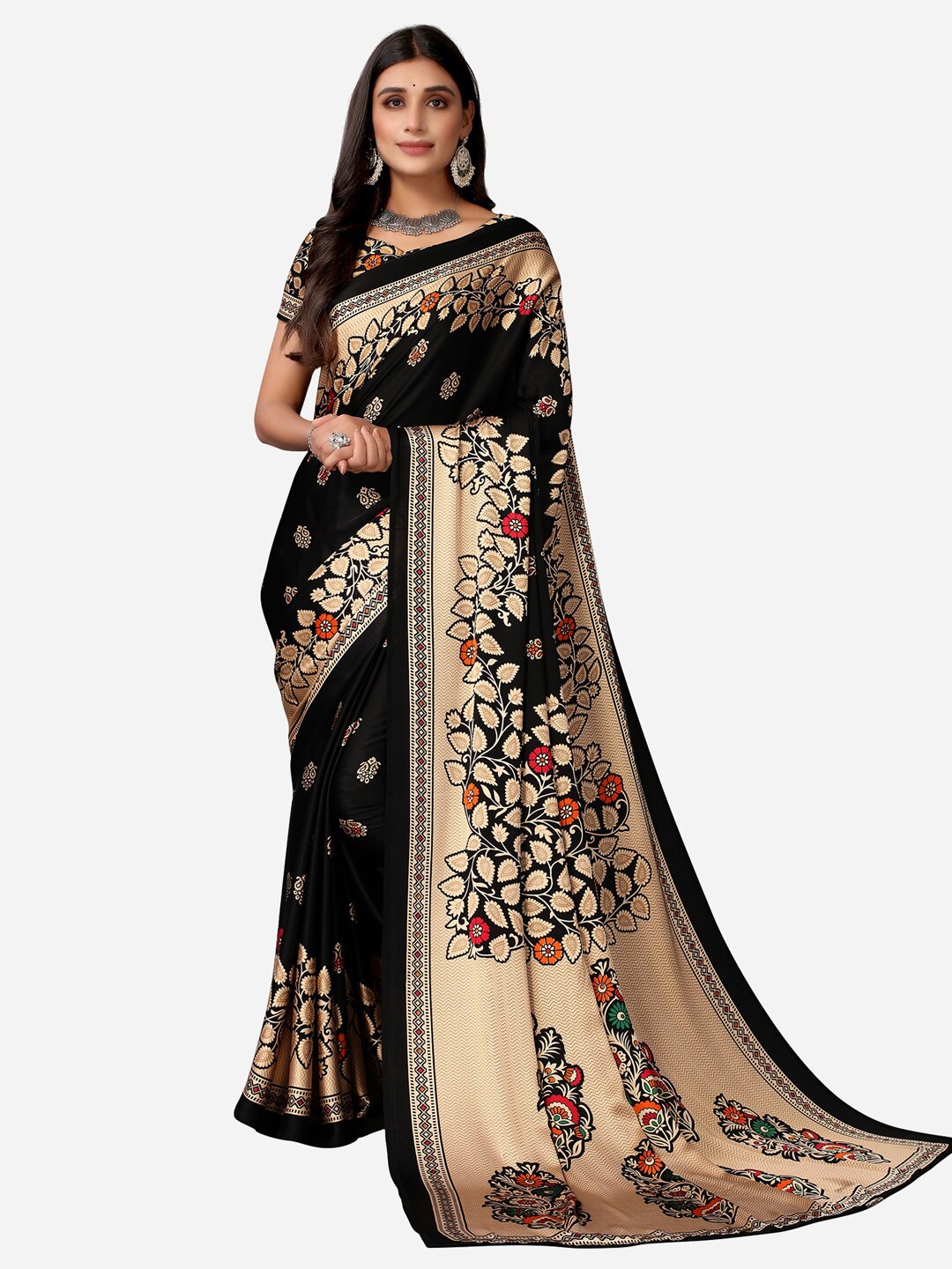 

Satrani Black & Beige Floral Satin Banarasi Saree