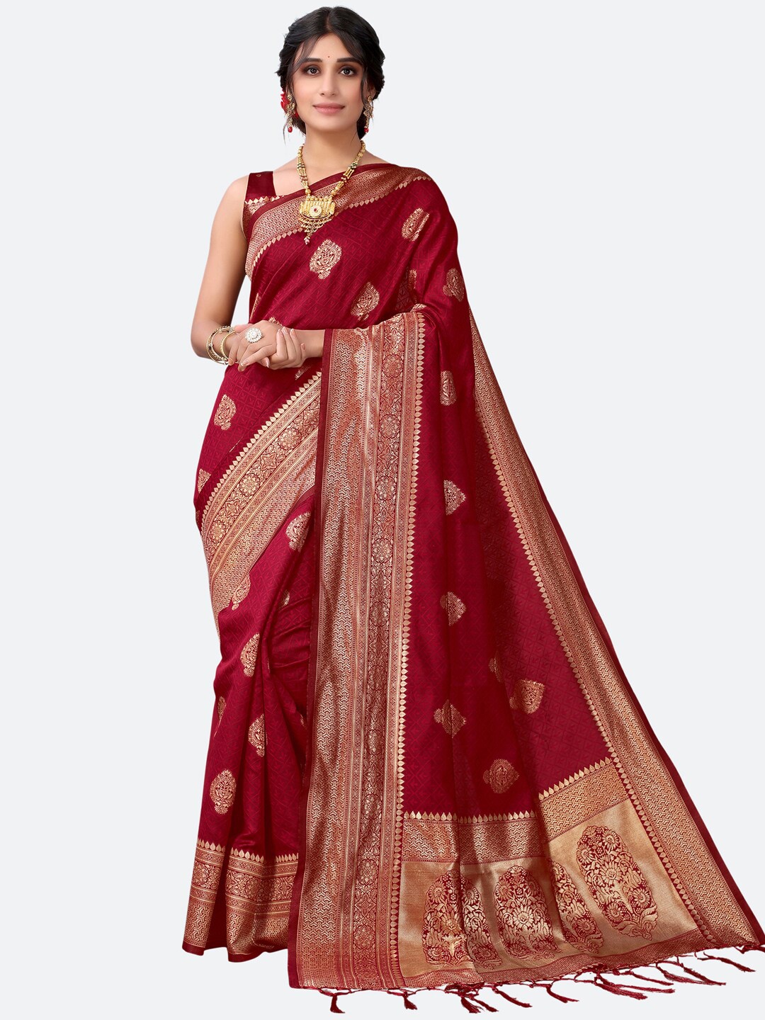 

Satrani Maroon & Golden Woven Design Zari Banarasi Saree