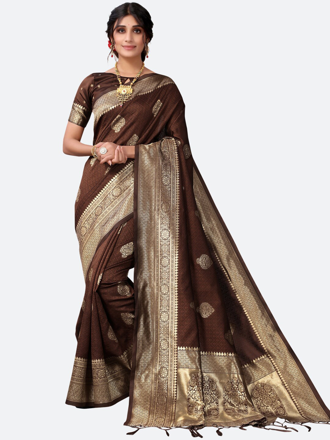 

Satrani Brown & Gold-Toned Woven Design Banarasi Saree
