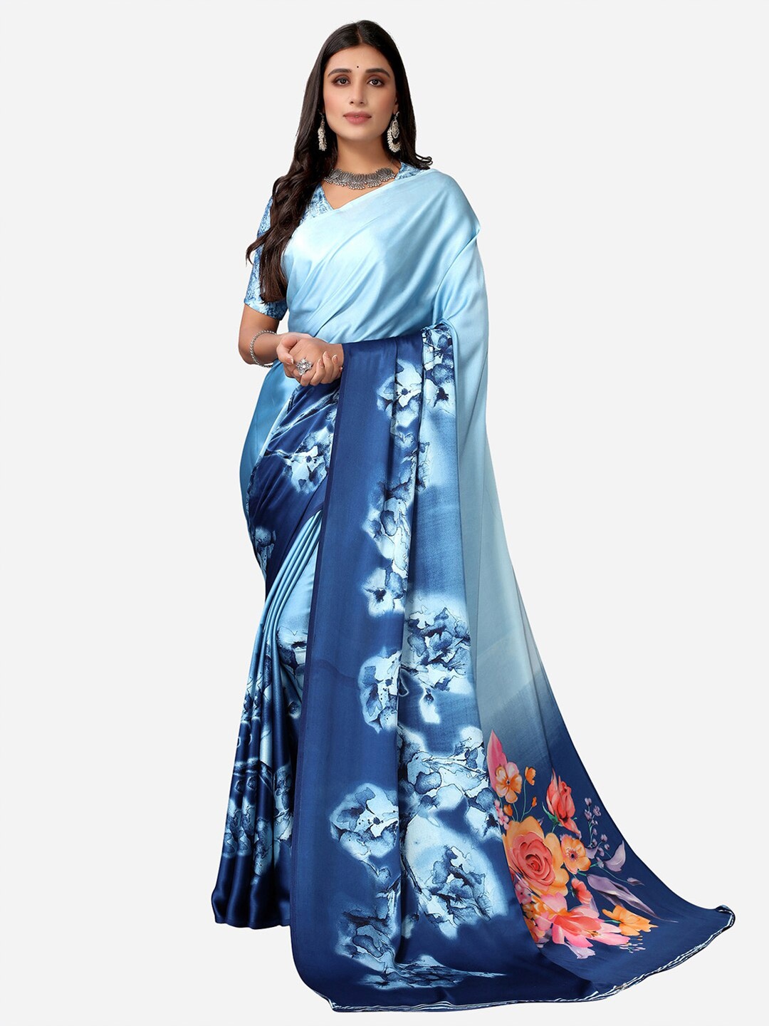 

Satrani Blue Ombre Floral Print Satin Saree