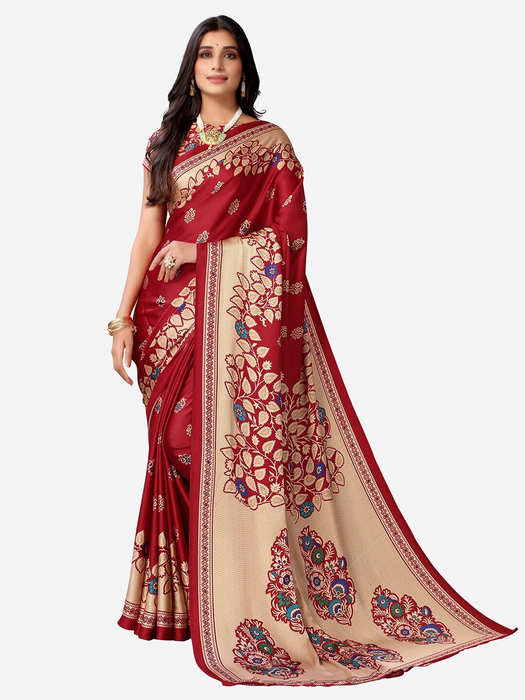 

Satrani Maroon & Beige Floral Satin Banarasi Saree