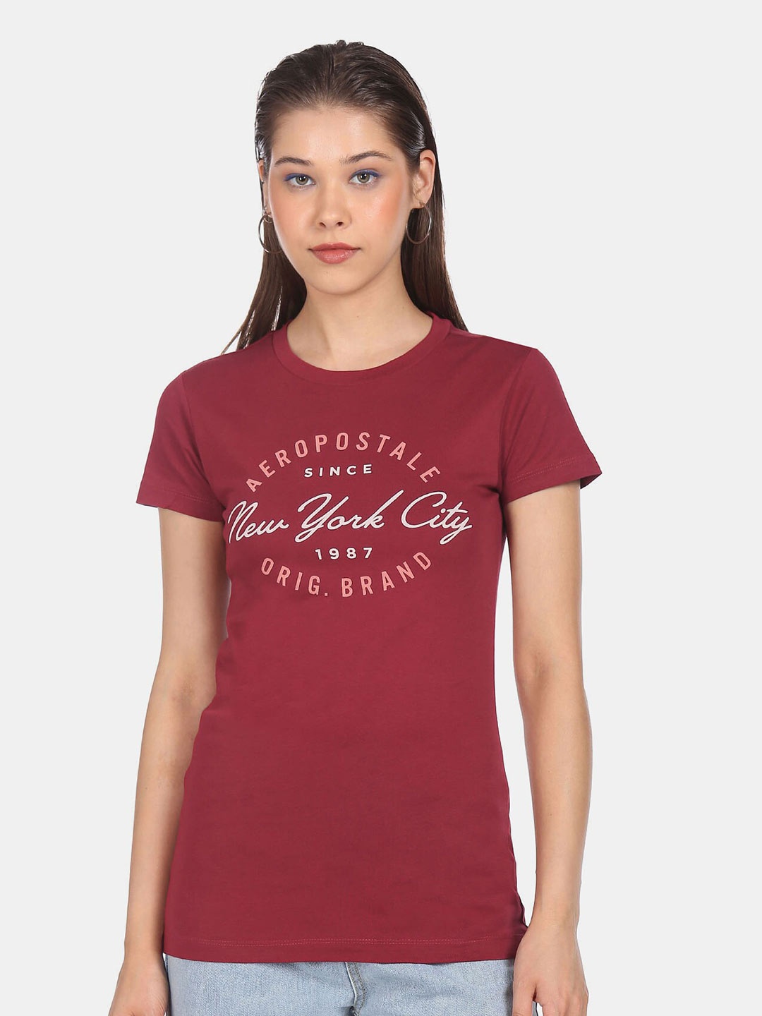 

Aeropostale Women Red Brand Logo Pure Cotton Printed T-shirt