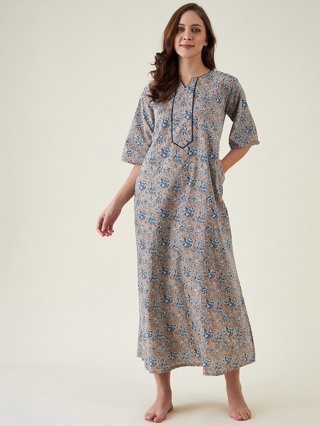 

The Kaftan Company Brown Pure Cotton Printed Maxi Nightdress